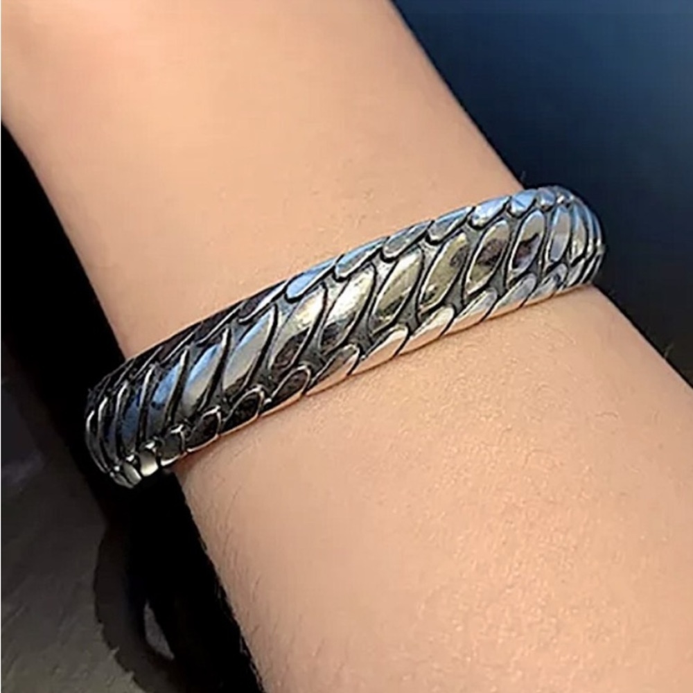 Sterling Silver Chain Design Engraved Cuff Bangle Bracelet - Picture 9 of 9